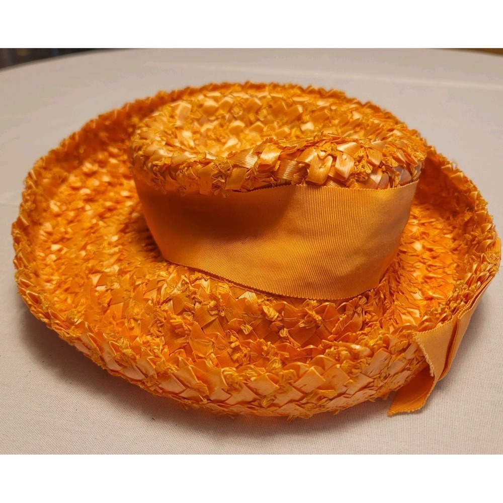 Vintage 1960s Orange Straw Hat Wide Brim Ribbon Mod Mid Century Womens Medium